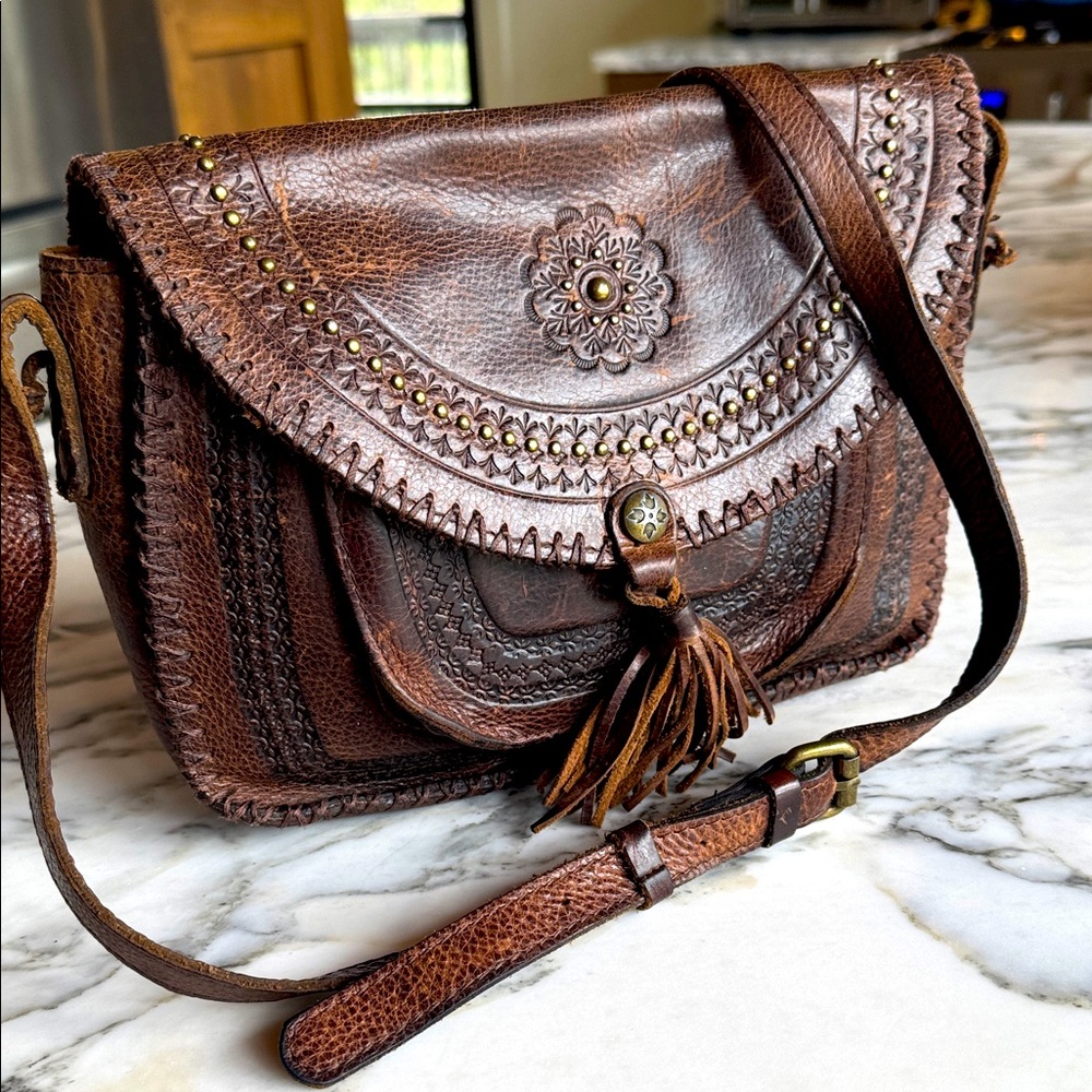 Patricia Nash Dark Brown VTG Leather Crossbody Bag